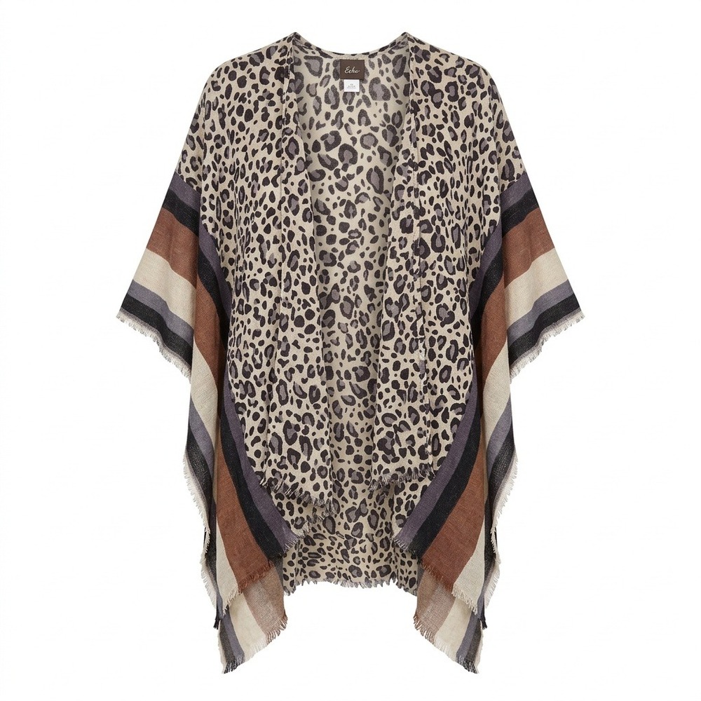 Echo Leopard Print Striped Poncho Shawl Viscose Wool Blend Wrap One Size